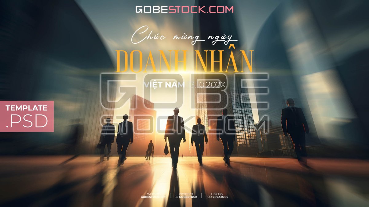 Vietnam Entrepreneurs Day banner with executives walking between skyscrapers at sunset