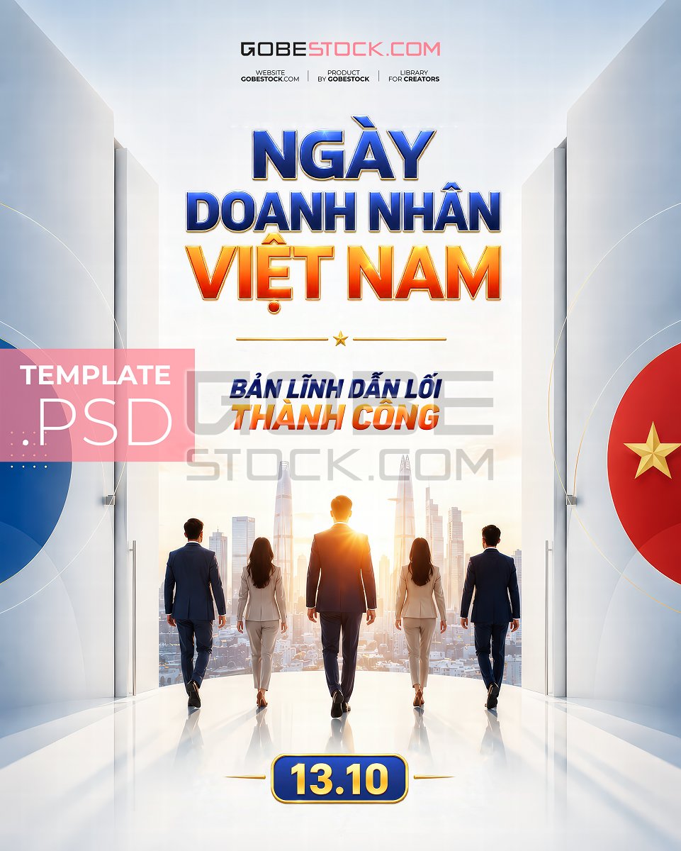 Vietnam Entrepreneurs Day poster with business team entering sunlit city