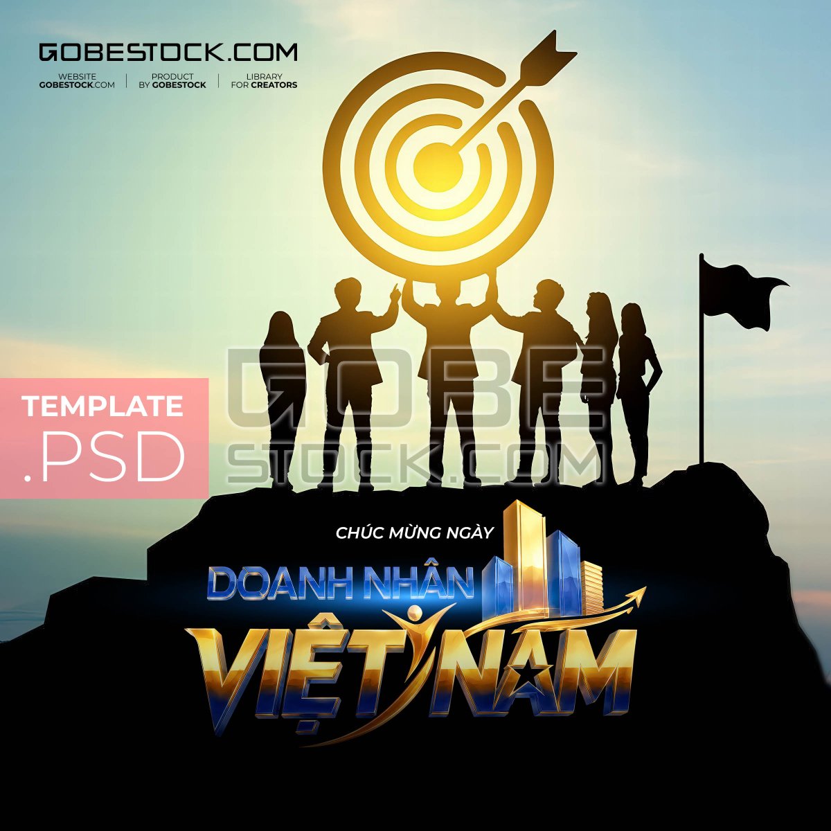 Vietnam Entrepreneurs Day poster with business team holding target on hill