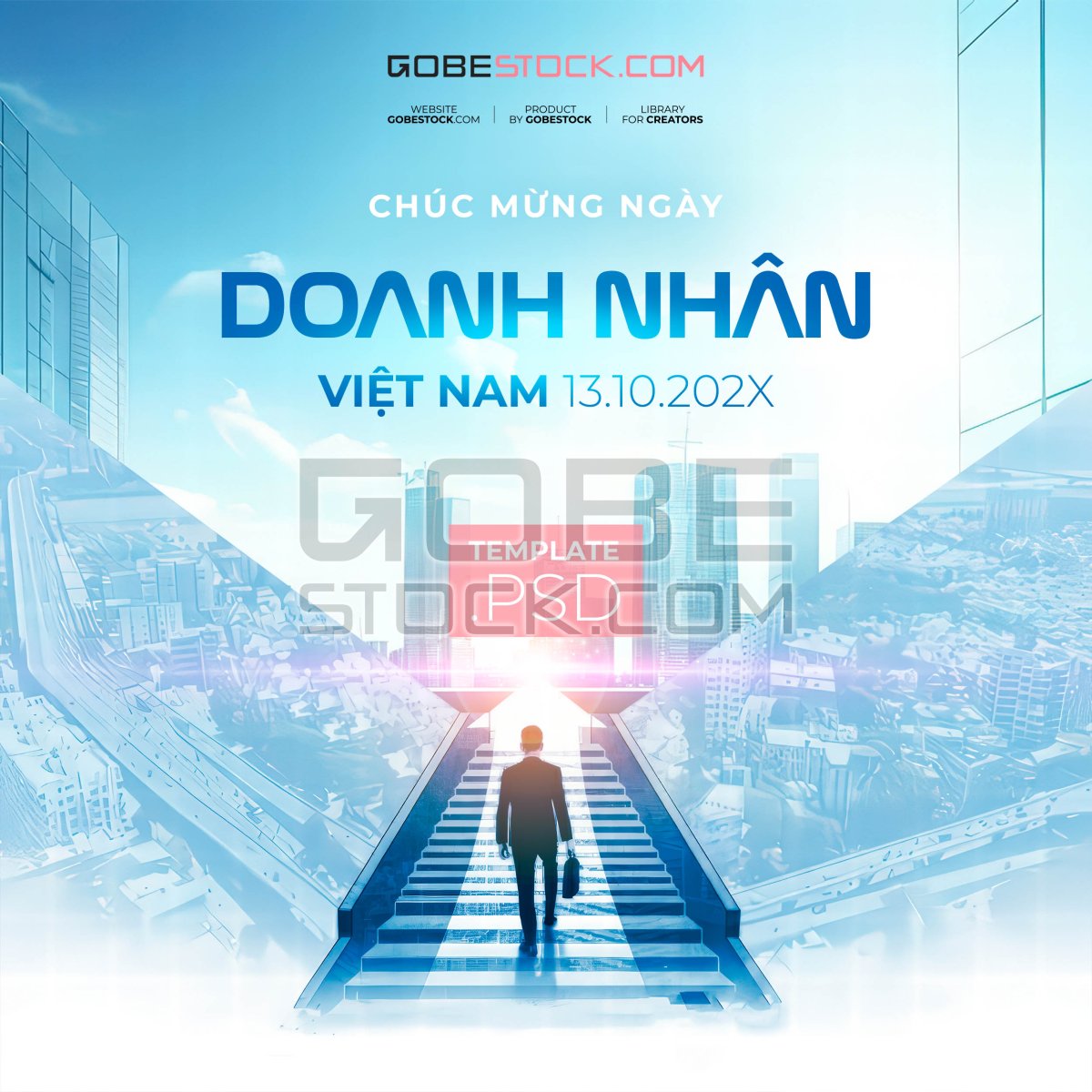 Vietnam Entrepreneurs Day poster with businessman climbing stairs toward modern city