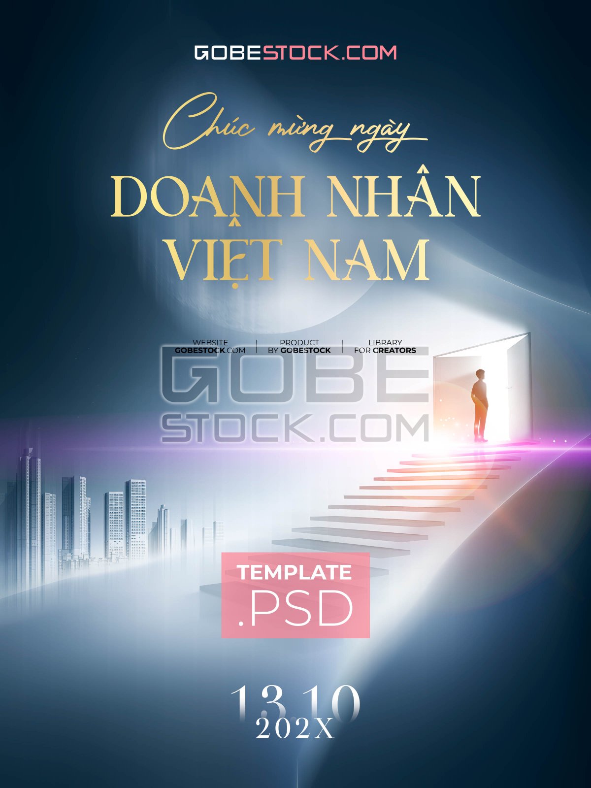 Vietnam Entrepreneurs Day poster with businessman climbing stairs to bright doorway