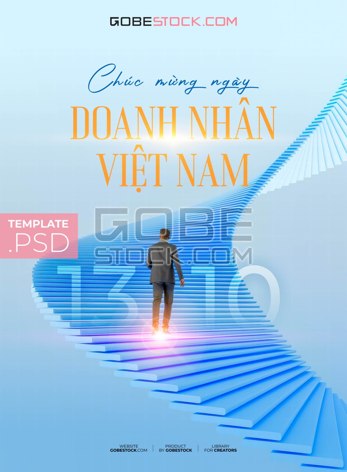Vietnam Entrepreneurs Day poster with businessman ascending sweeping blue staircase