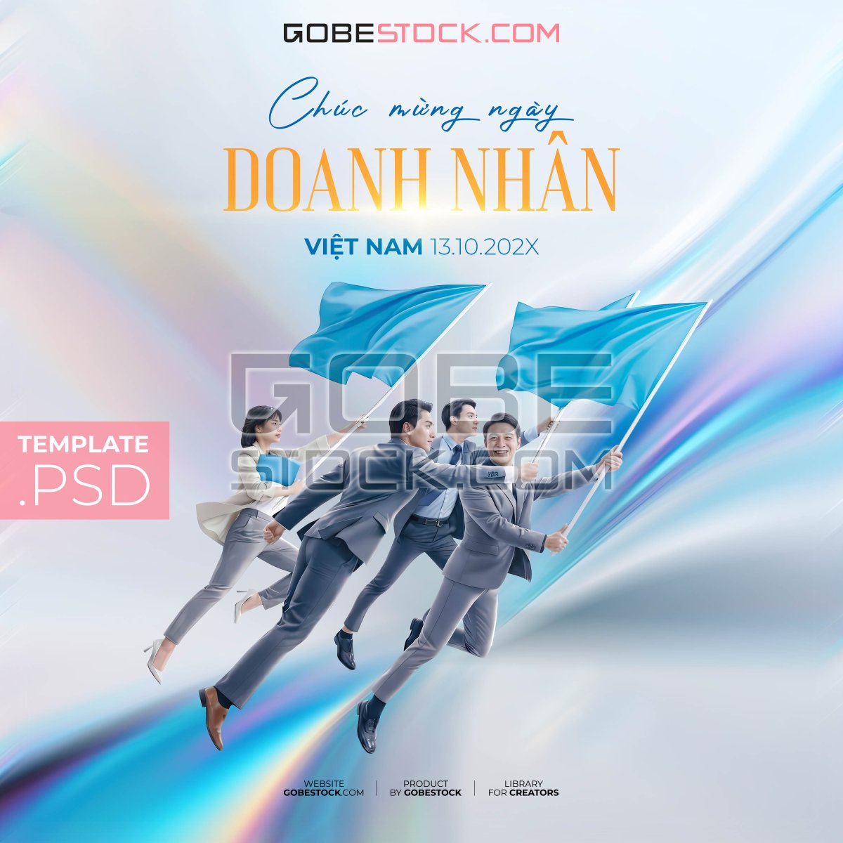 Vietnam Entrepreneurs Day poster with business team running with blue flags