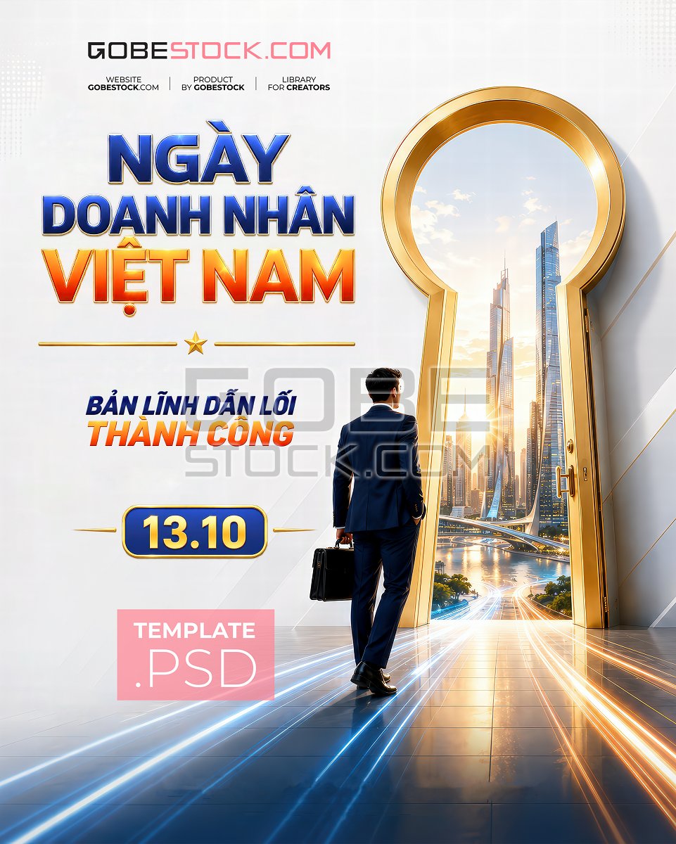 Vietnam Entrepreneurs Day poster with businessman entering gold keyhole city