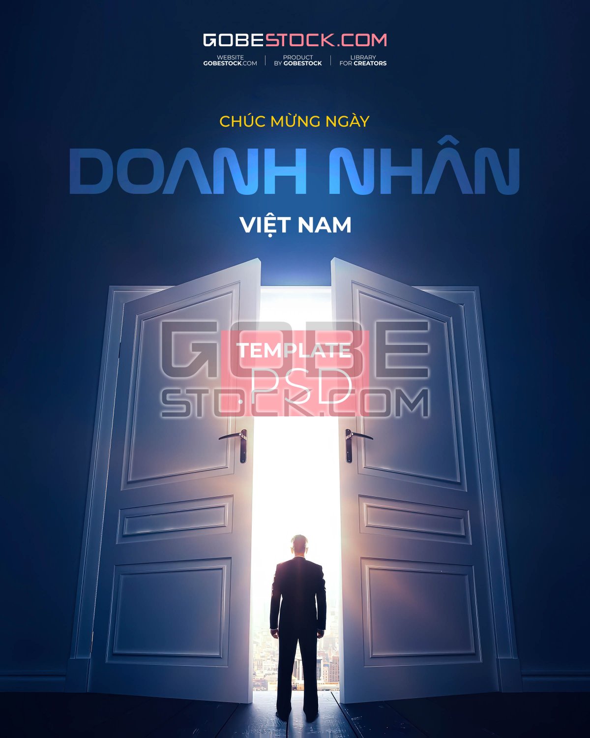 Vietnam Entrepreneurs Day poster with businessman facing bright open doors
