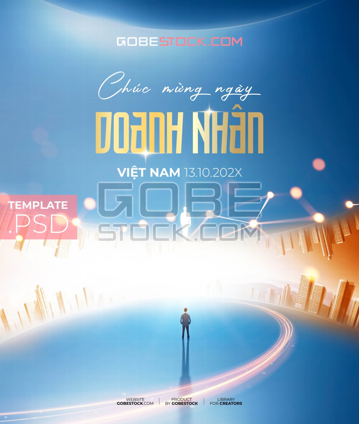 Vietnam Entrepreneurs Day poster with businessman in futuristic circular city