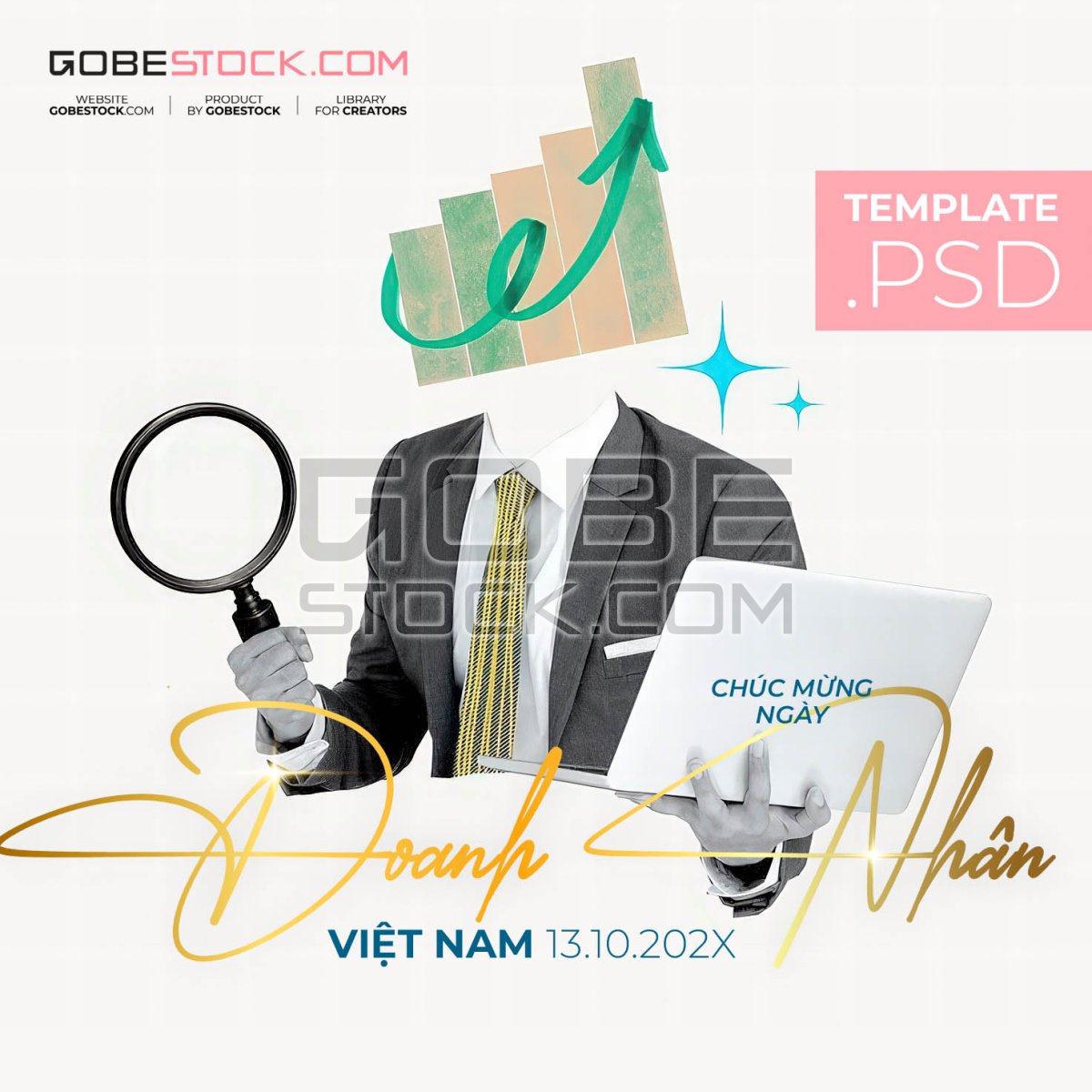 Vietnam Entrepreneurs Day poster with businessman magnifying glass laptop and growth chart
