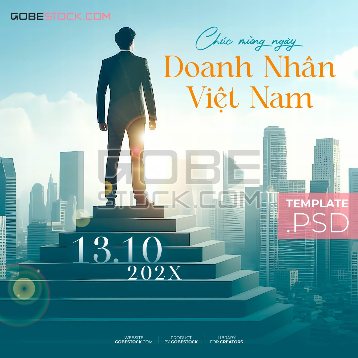 Vietnam Entrepreneurs Day poster with businessman standing on steps above city