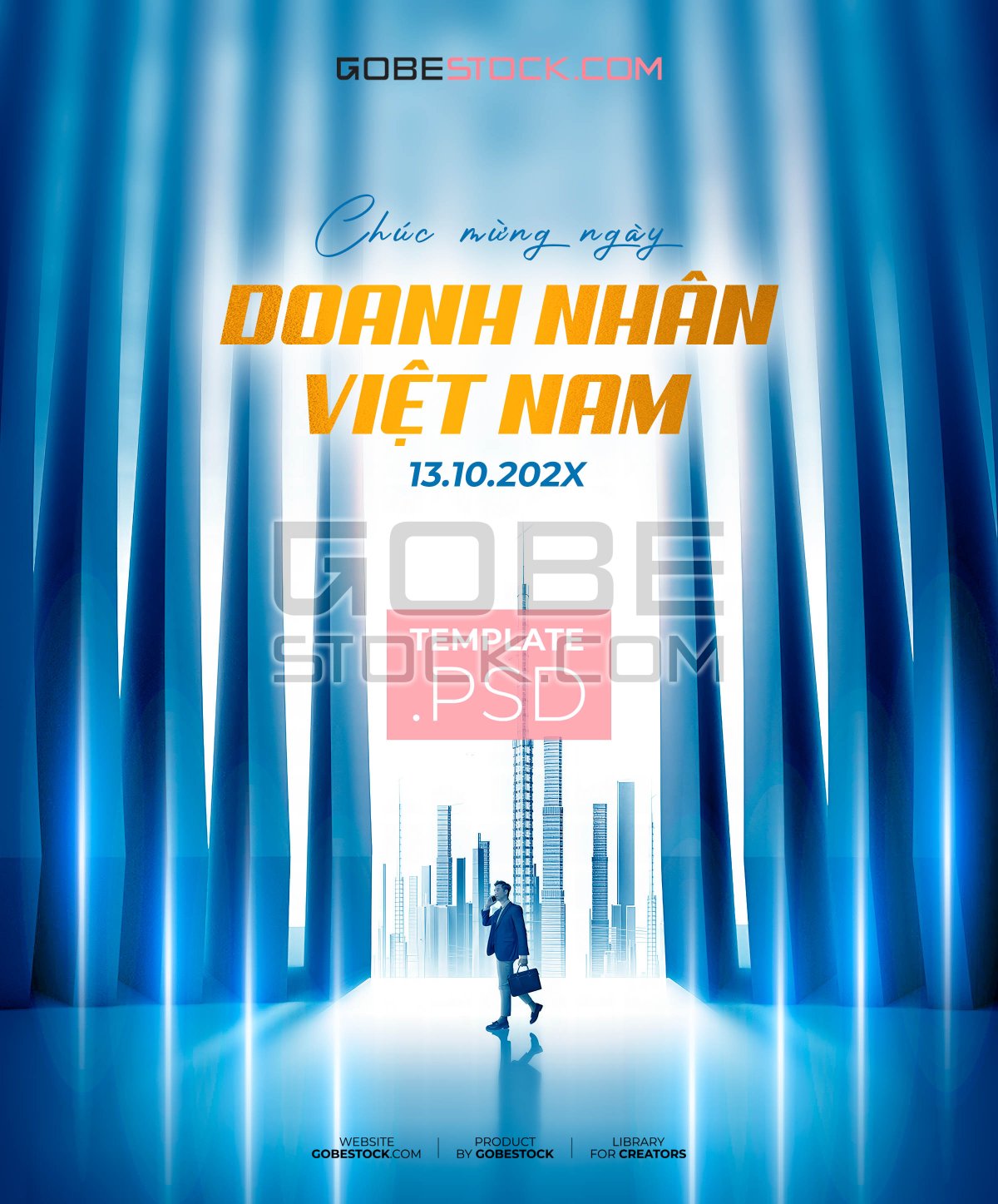 Vietnam Entrepreneurs Day poster with businessman walking through blue corridor