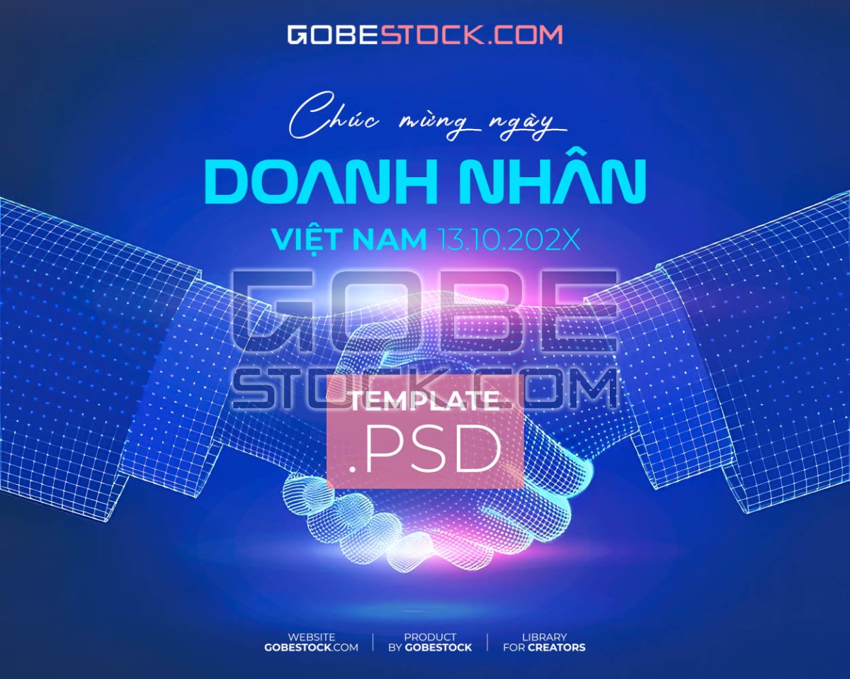 Vietnam Entrepreneurs Day poster with glowing digital wireframe handshake