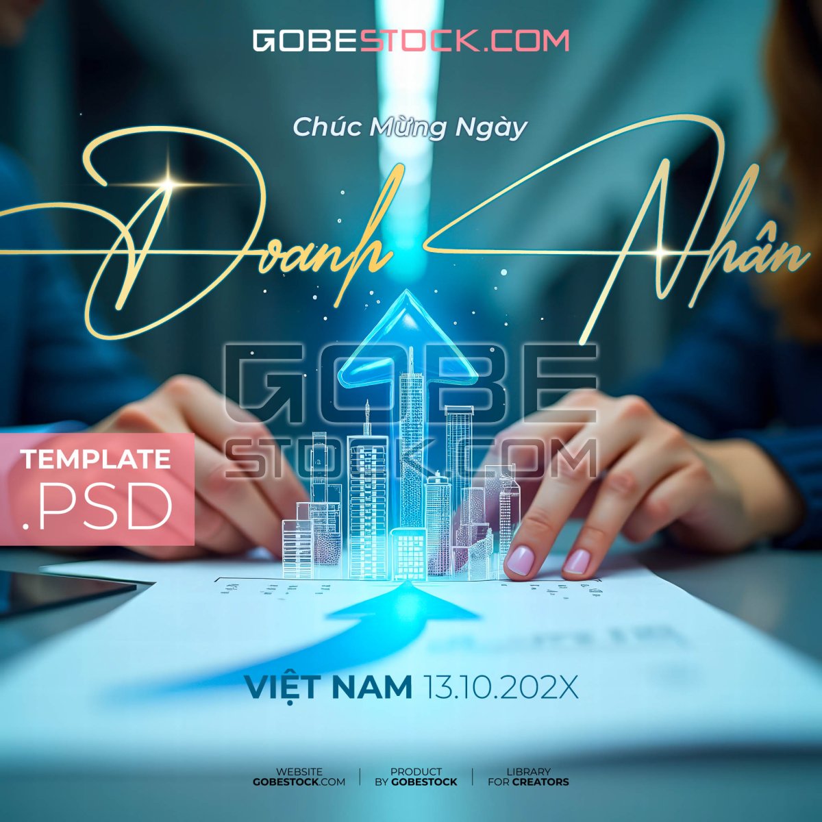 Vietnam Entrepreneurs Day poster with hands planning holographic city growth