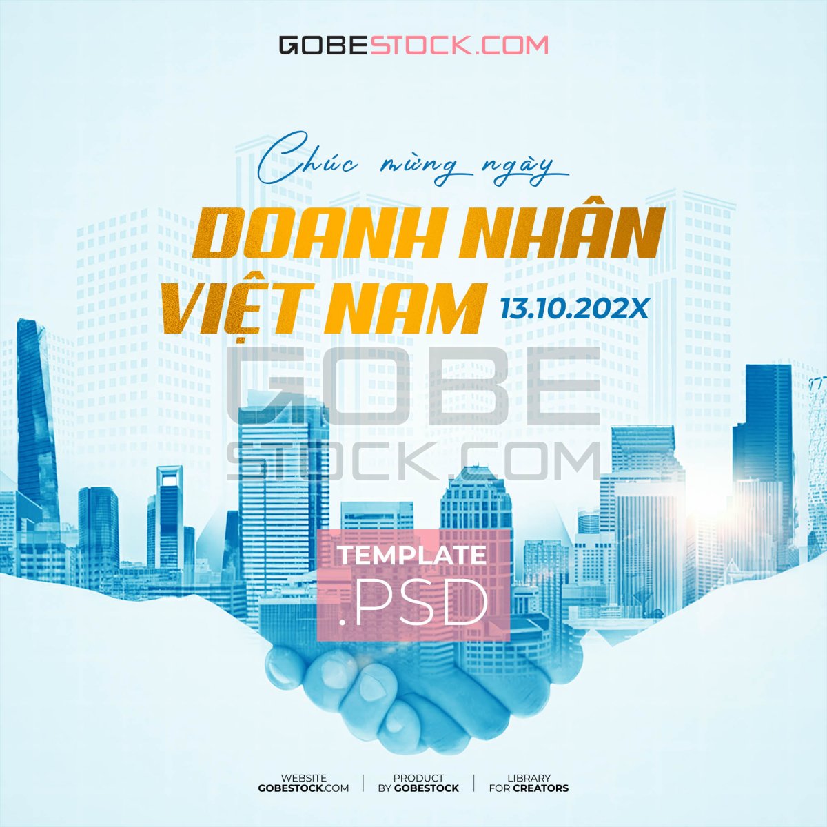 Vietnam Entrepreneurs Day poster with handshake supporting modern city skyline