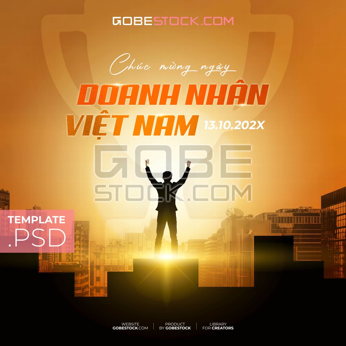 Vietnam Entrepreneurs Day poster with triumphant businessman above city at sunset