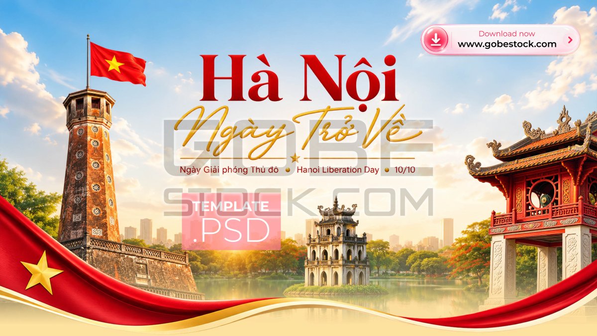 Hanoi Liberation Day 10 October Flag Tower Hoan Kiem Lake and Khue Van Pavilion Poster