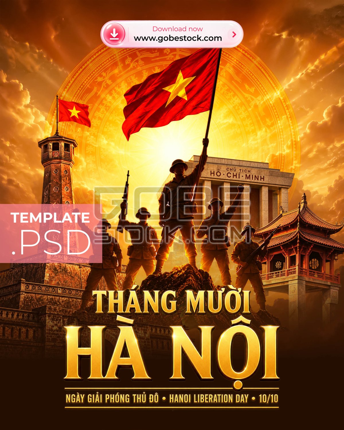 Hanoi Liberation Day 10 October Golden Victory Soldiers and Flag Tower Poster
