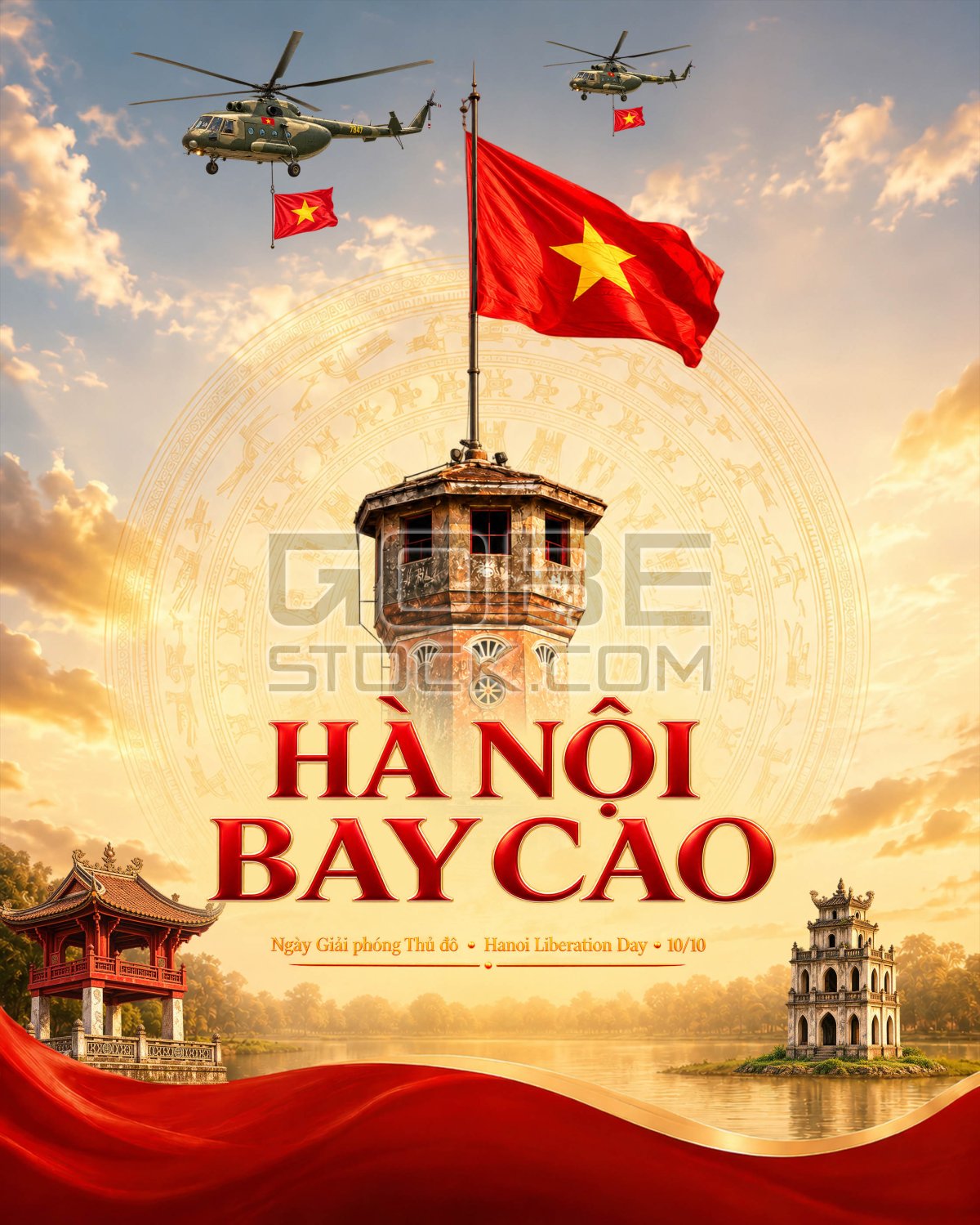 Hanoi Liberation Day 10 October Hanoi Flag Tower Vietnam Flag Golden Sky Poster