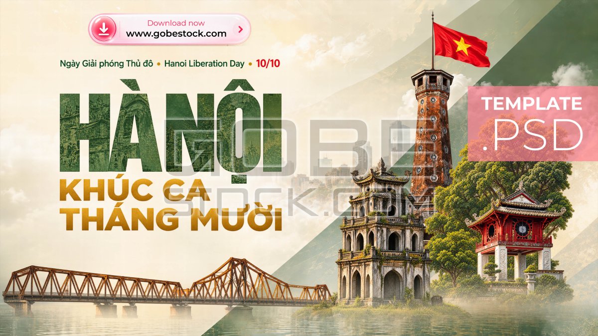 Hanoi Liberation Day 10 October Modern Geometric Flag Tower and Heritage Landmarks Poster