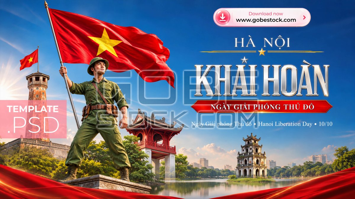 Hanoi Liberation Day 10 October Soldier Holding Vietnam Flag at Hanoi Flag Tower Poster
