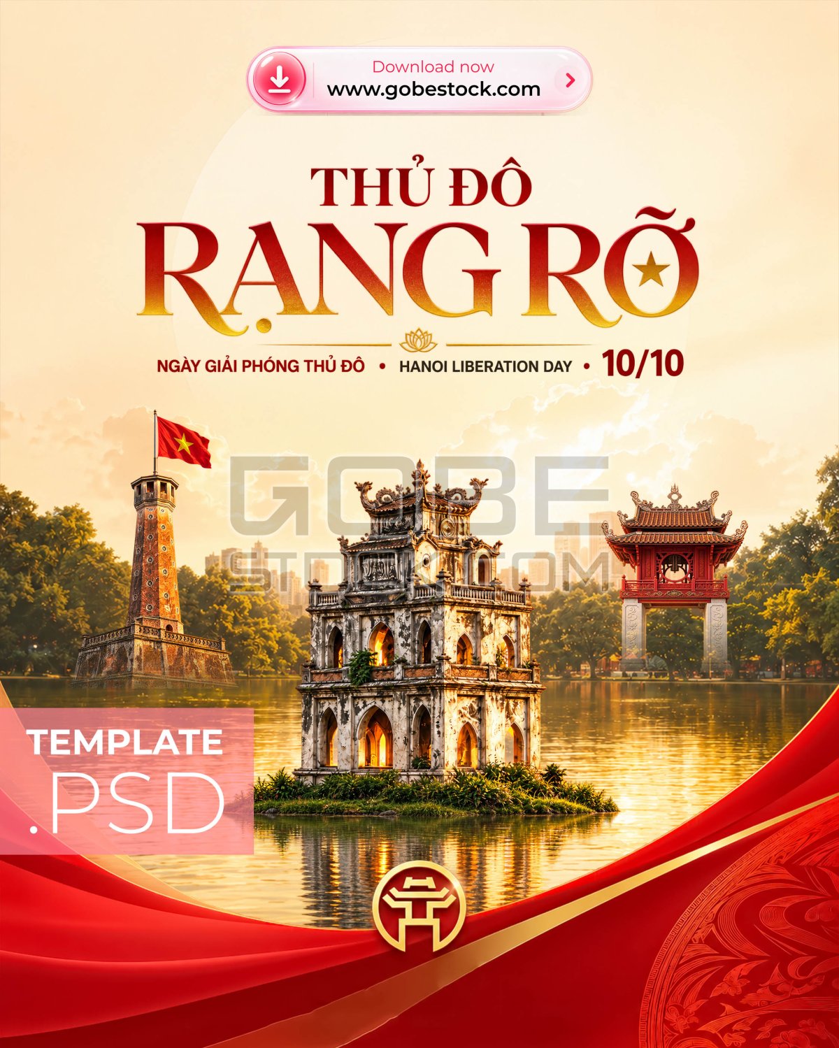 Hanoi Liberation Day 10 October Turtle Tower and Khue Van Pavilion Heritage Poster