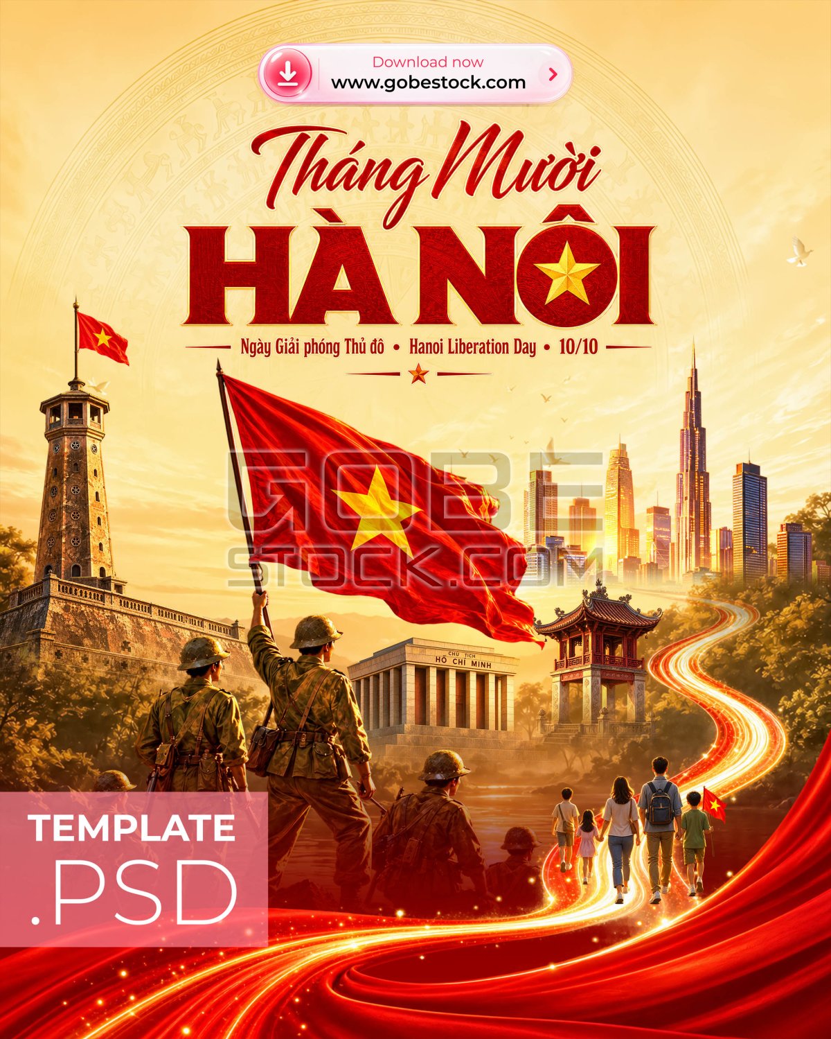 Hanoi Liberation Day 10 October Veteran Soldiers Marching Toward Hanoi Skyline Poster
