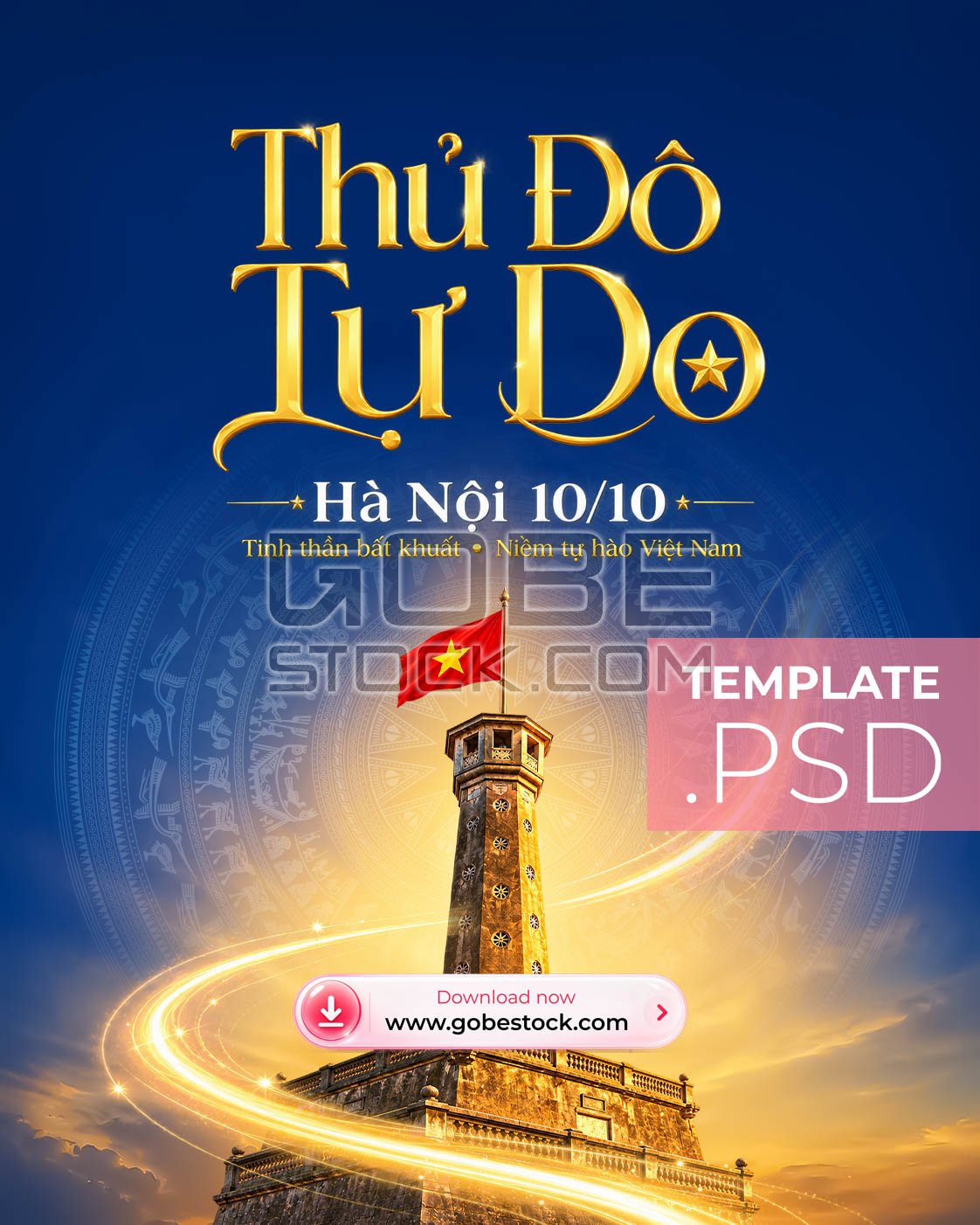 Hanoi Liberation Day Blue Gold Flag Tower Poster