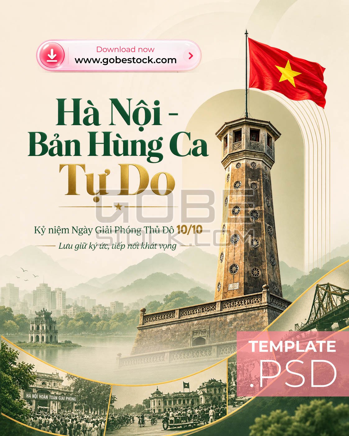 Hanoi Liberation Day Flag Tower Heritage Collage Poster