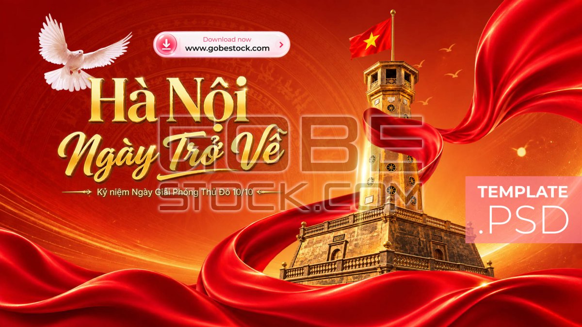 Hanoi Liberation Day Red Gold Flag Tower Ribbon Poster
