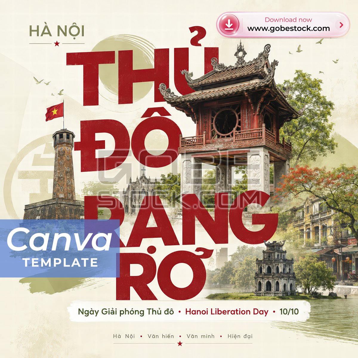 Hanoi Liberation Day 10 October Bold Typography Khue Van Pavilion and Flag Tower Poster
