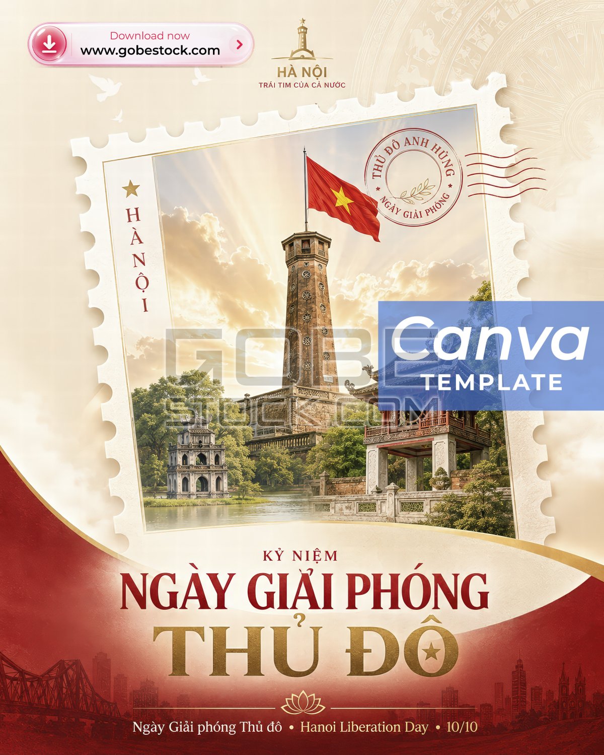 Hanoi Liberation Day 10 October Commemorative Postage Hanoi Flag Tower Poster