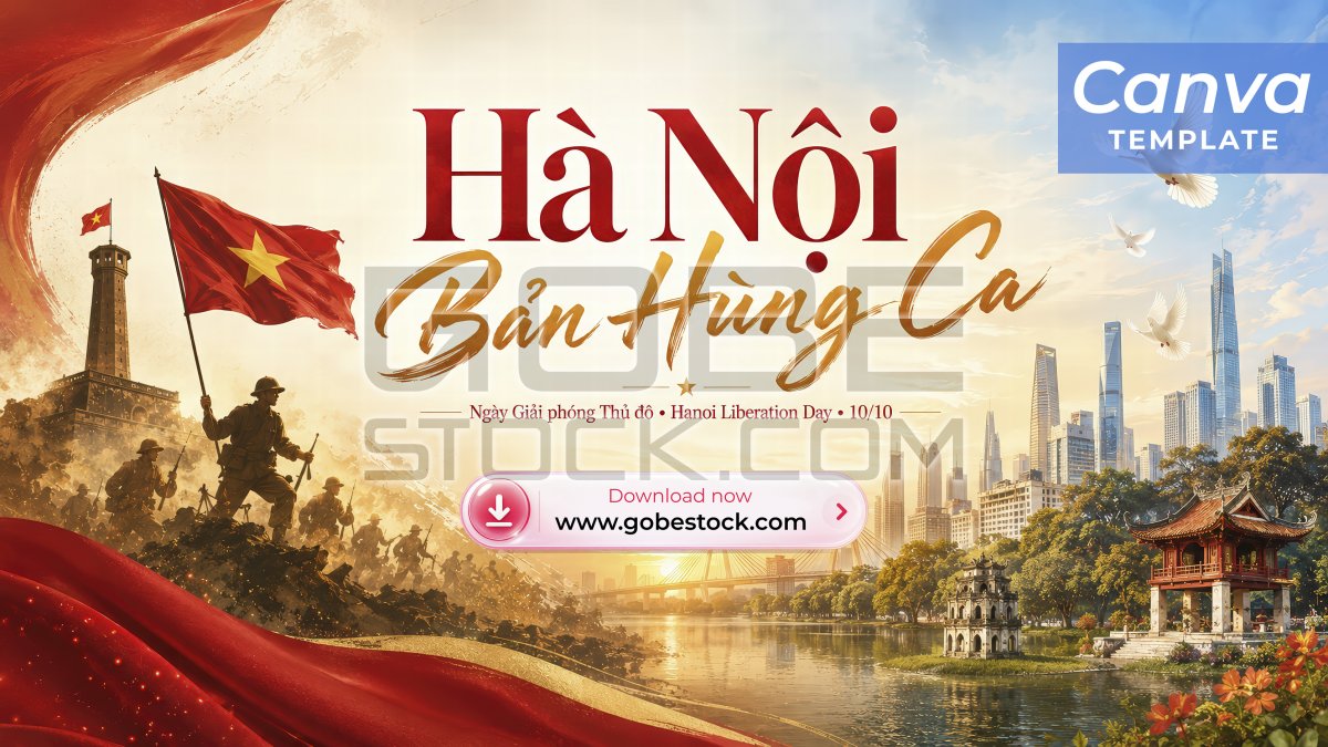 Hanoi Liberation Day 10 October Flag March City Sunrise and Hoan Kiem Lake Poster