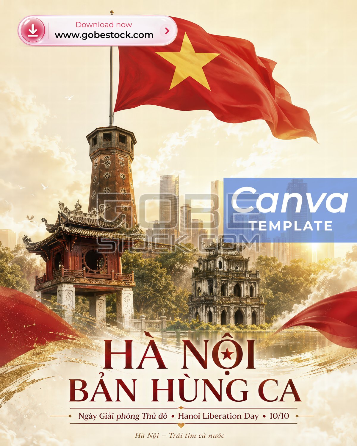 Hanoi Liberation Day 10 October Flag Tower Heritage Landmarks Sunrise Poster