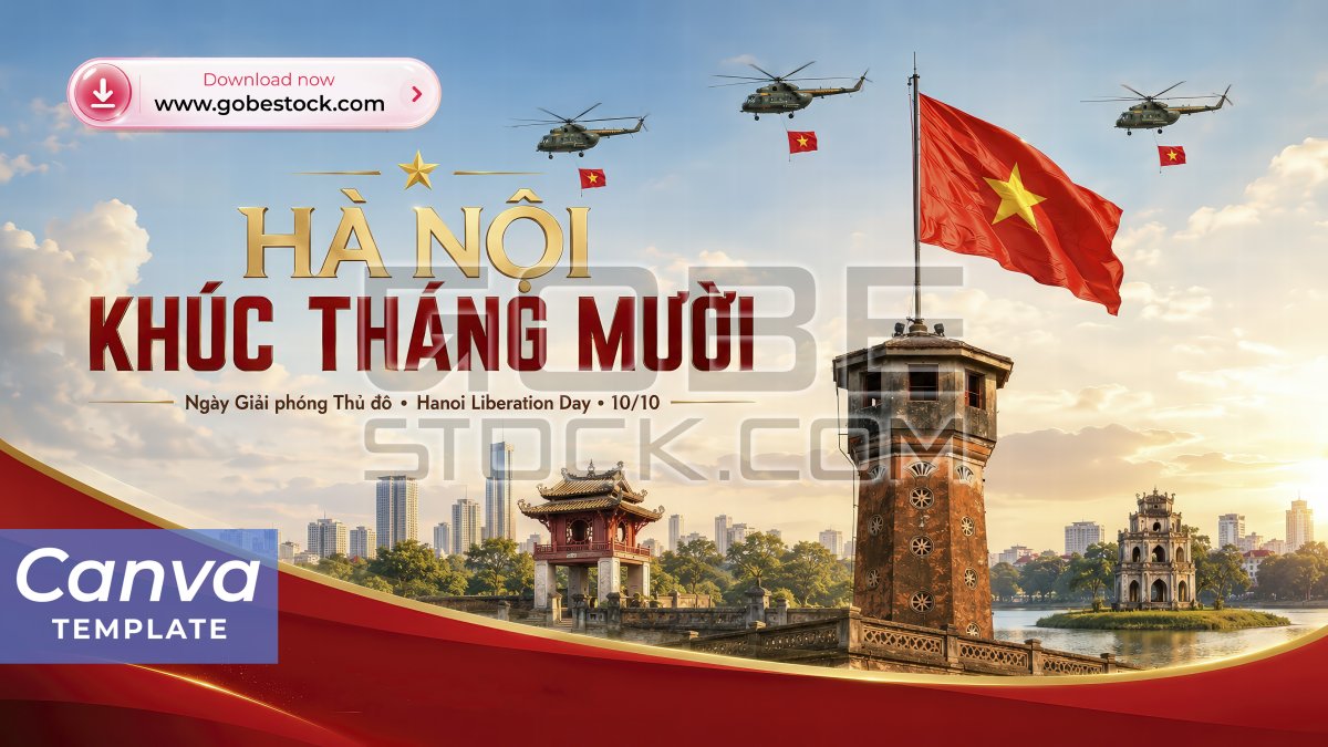 Hanoi Liberation Day 10 October Hanoi Flag Tower with Helicopter Formation Poster