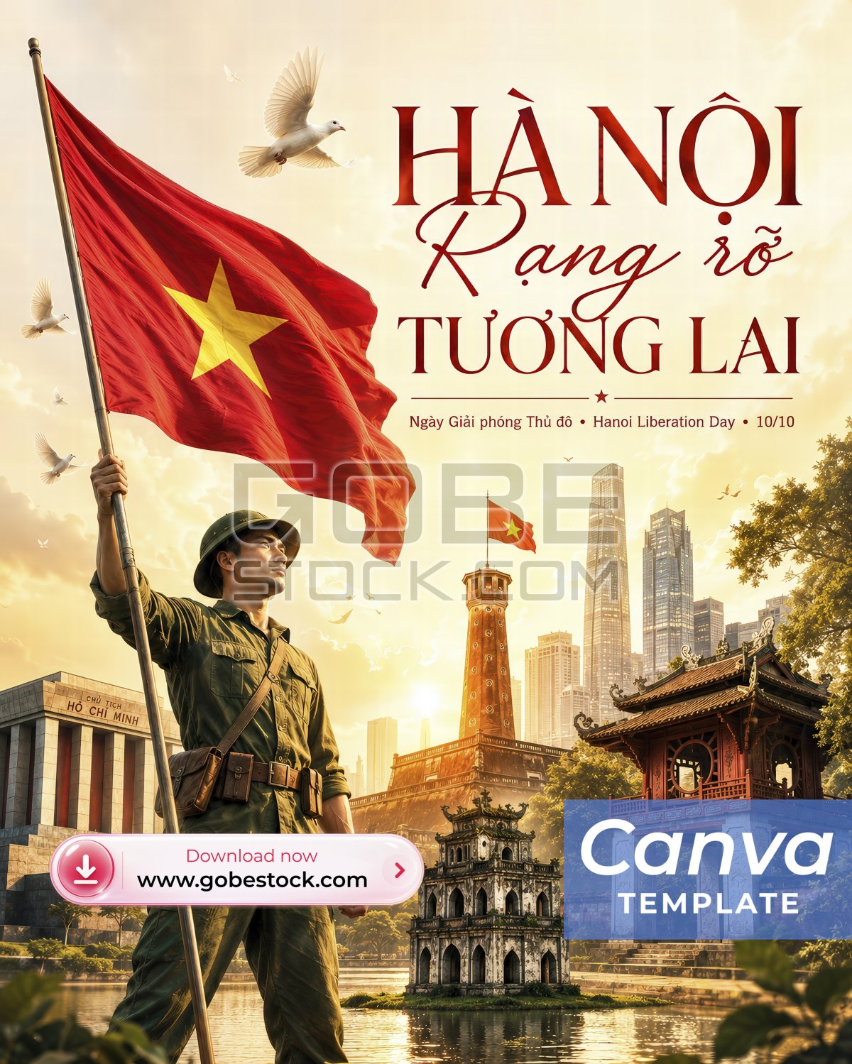 Hanoi Liberation Day 10 October Soldier with Vietnam Flag and Heritage Landmarks Poster