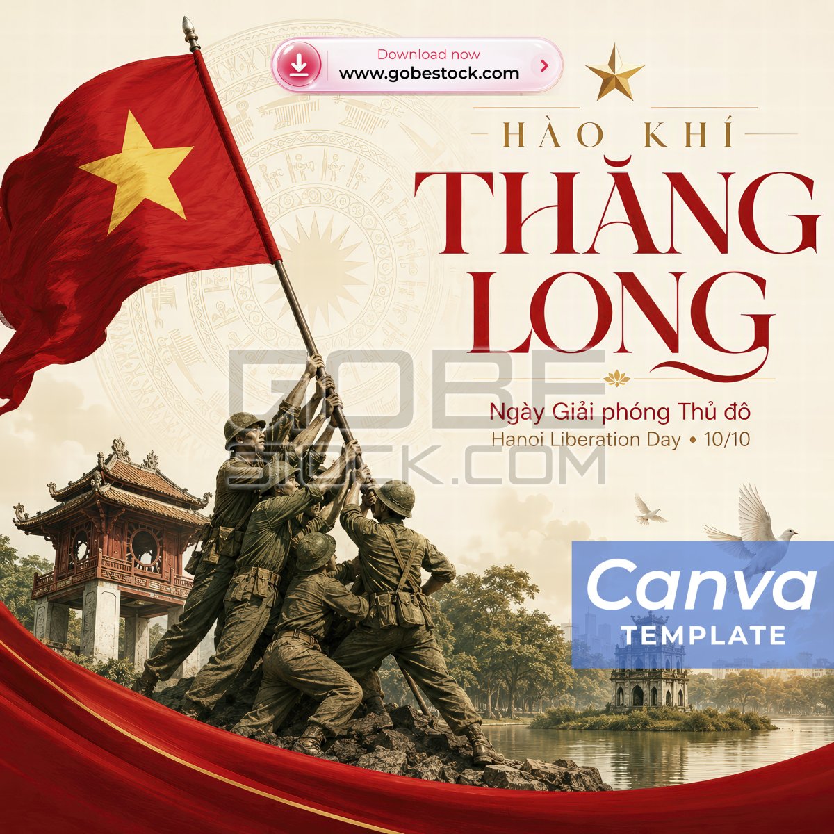 Hanoi Liberation Day 10 October Soldiers Raising Vietnam Flag by Hoan Kiem Lake Poster