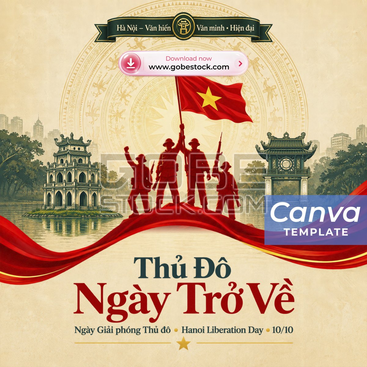 Hanoi Liberation Day 10 October Victory Silhouettes and Heritage Landmarks Poster