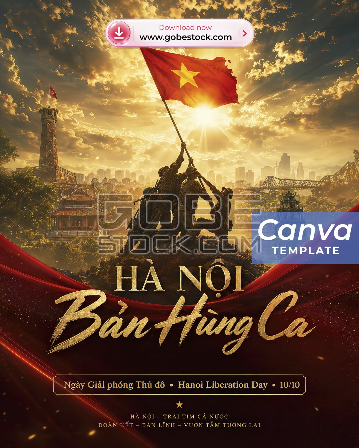 Hanoi Liberation Day 10 October Victory Soldiers Raising Flag Golden Sunset Poster