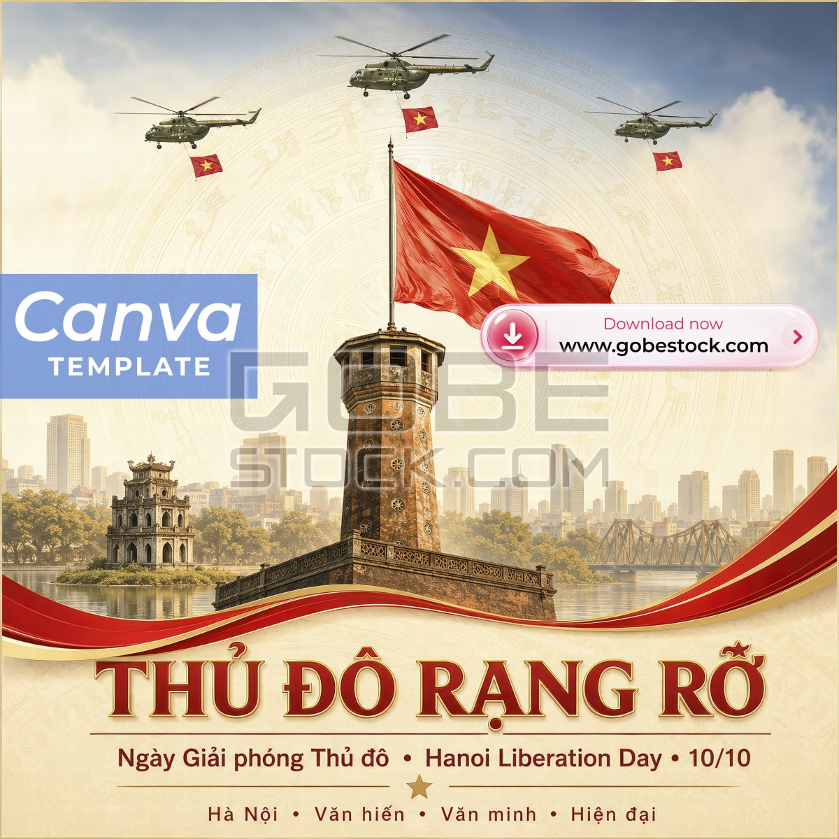 Hanoi Liberation Day 10 October Vietnam Flag over Hanoi Flag Tower with Helicopters Poster