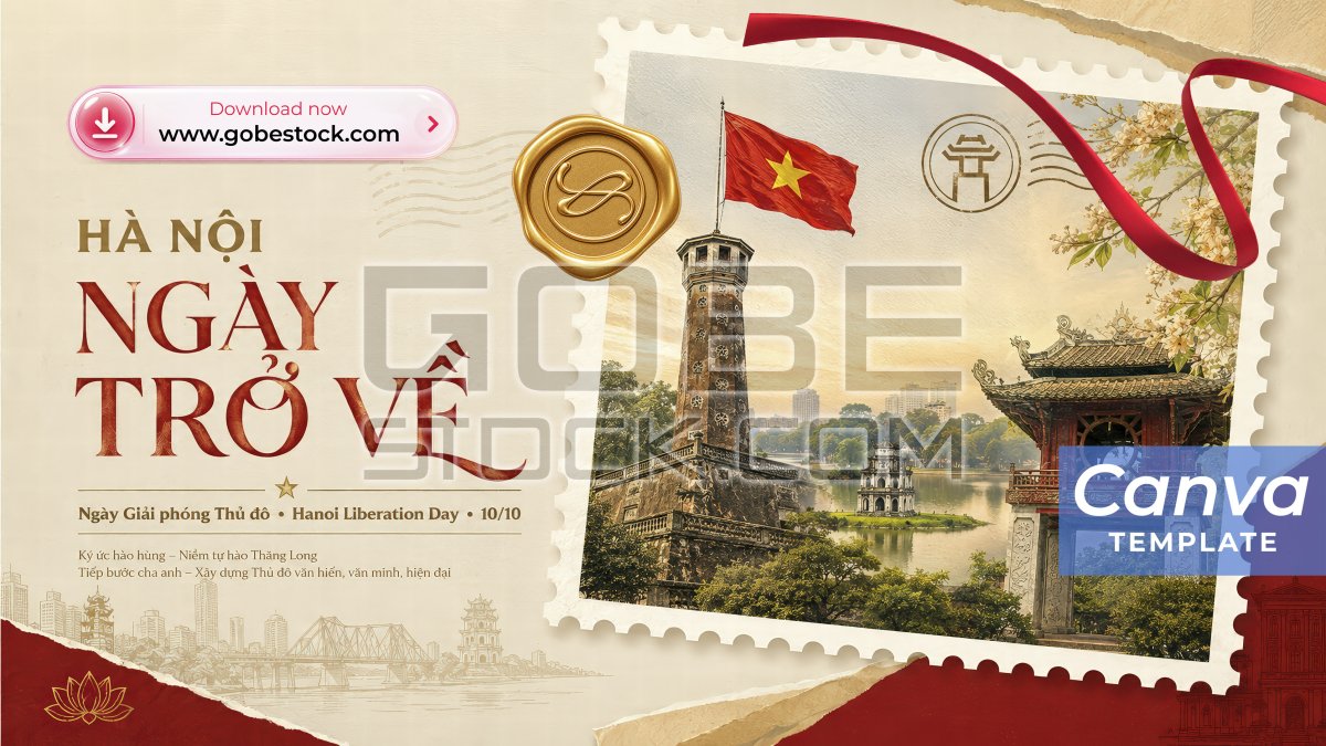 Hanoi Liberation Day 10 October Vintage Postage Hanoi Flag Tower and Khue Van Pavilion Poster