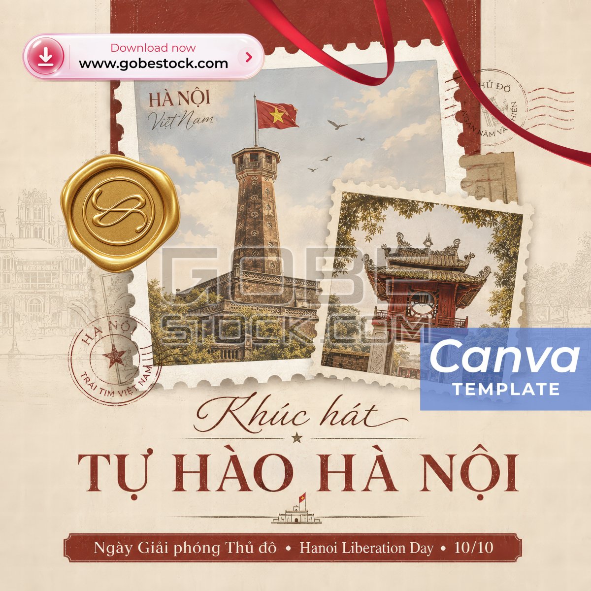 Hanoi Liberation Day 10 October Vintage Stamp Hanoi Flag Tower and Heritage Pavilion Poster