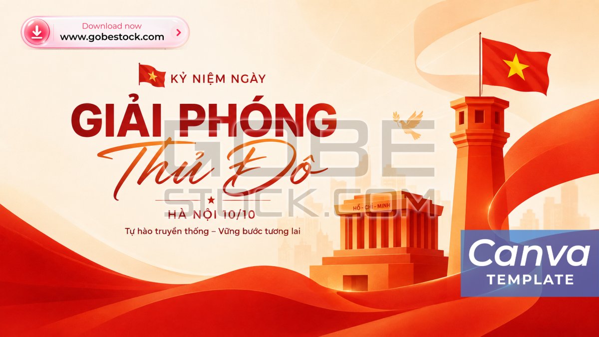 Hanoi Liberation Day Cream Red Mausoleum Ribbon Poster
