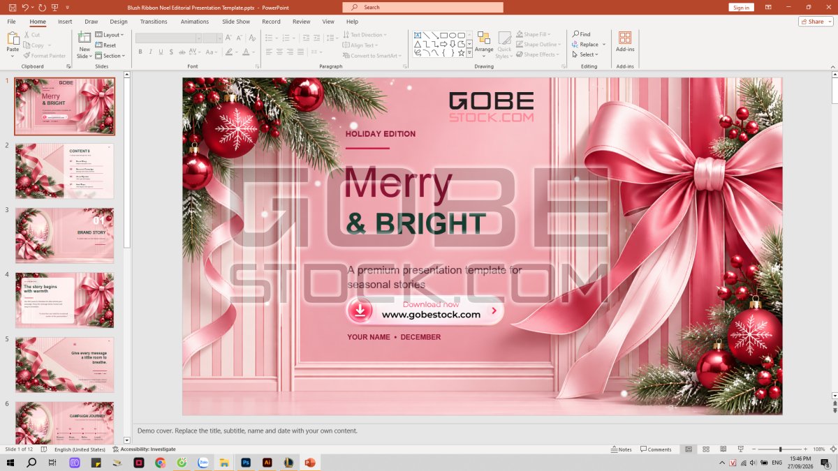 Blush Ribbon Noel Editorial Presentation Template