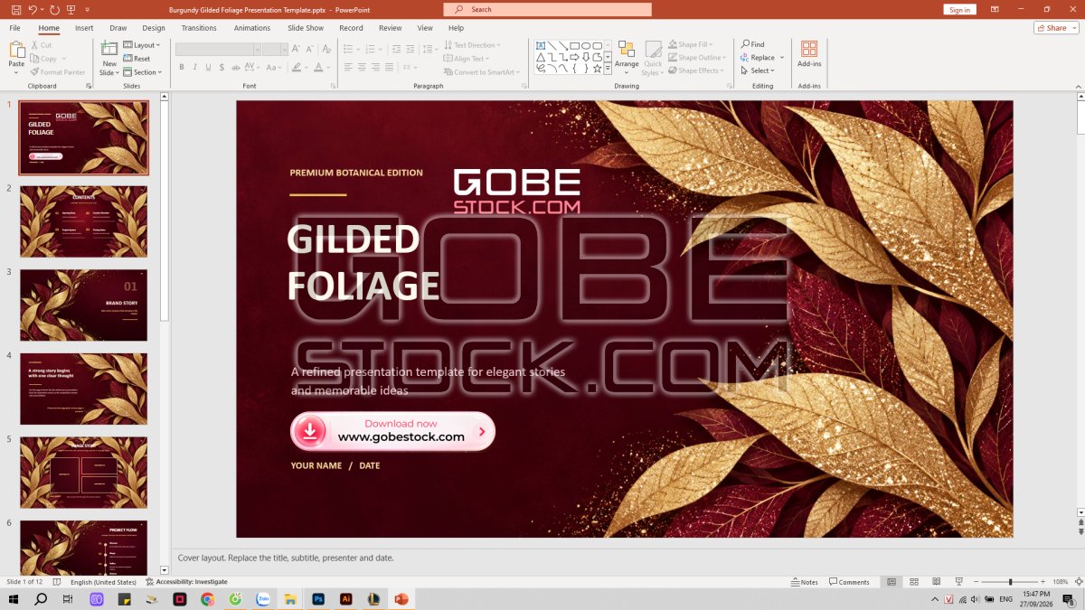 Burgundy Gilded Foliage Presentation Template