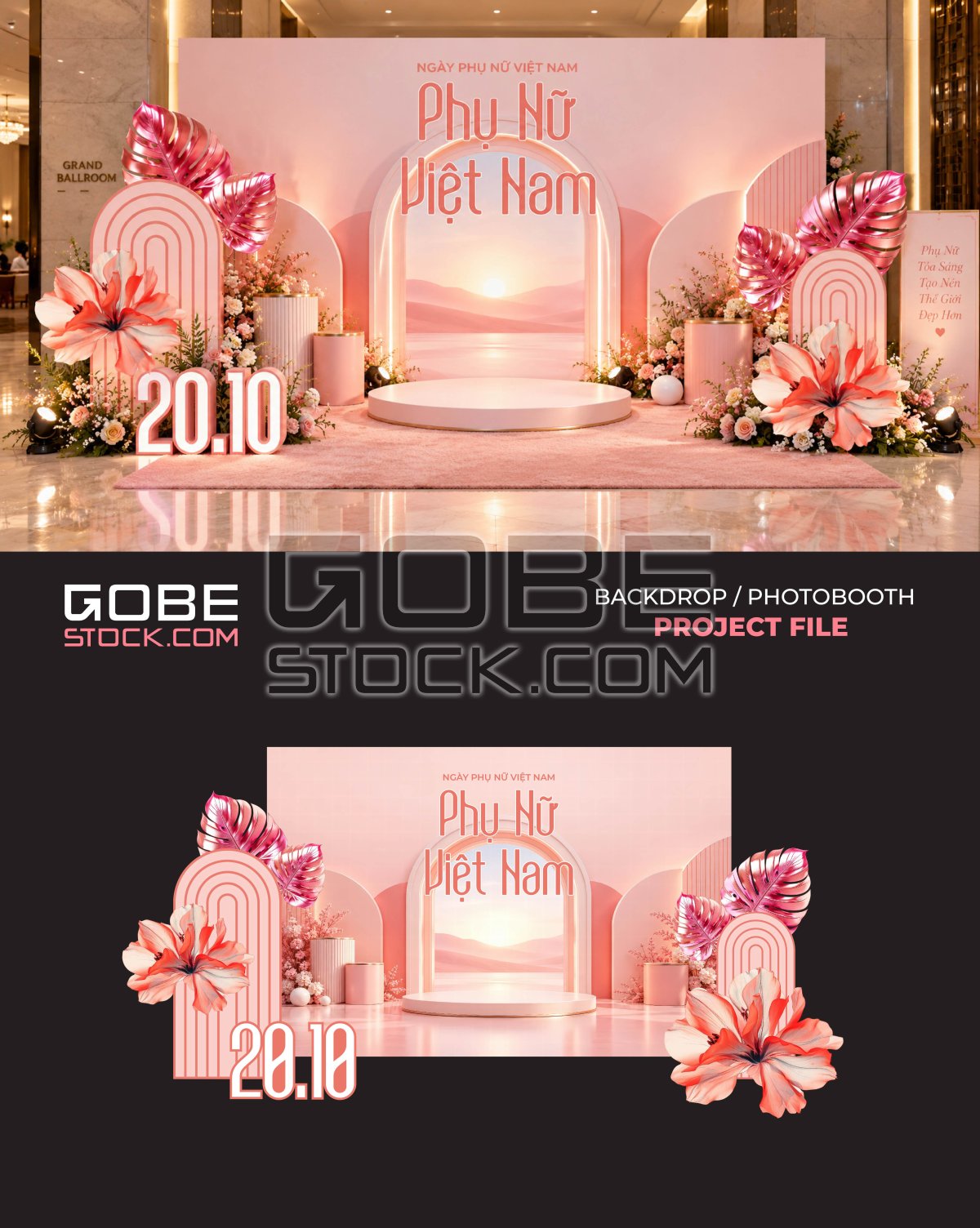 Coral Pink Vietnamese Womens Day Floral Arch Photobooth Backdrop