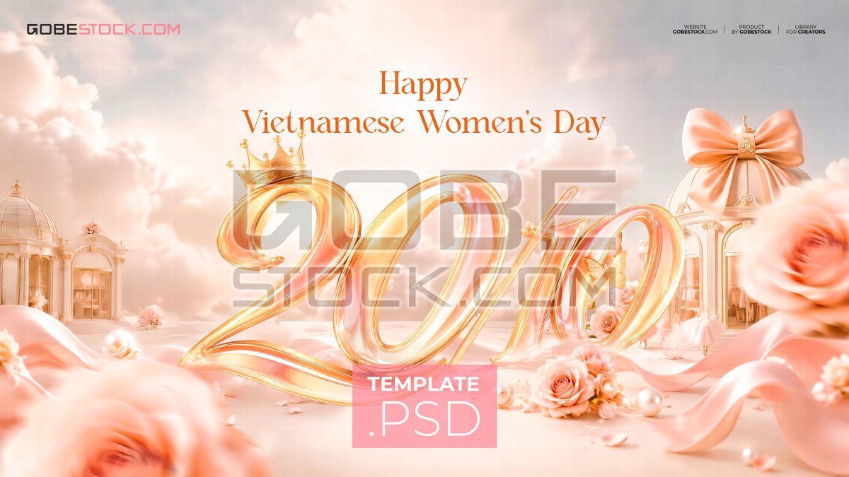 Golden Vietnamese Womens Day banner with roses and royal crown