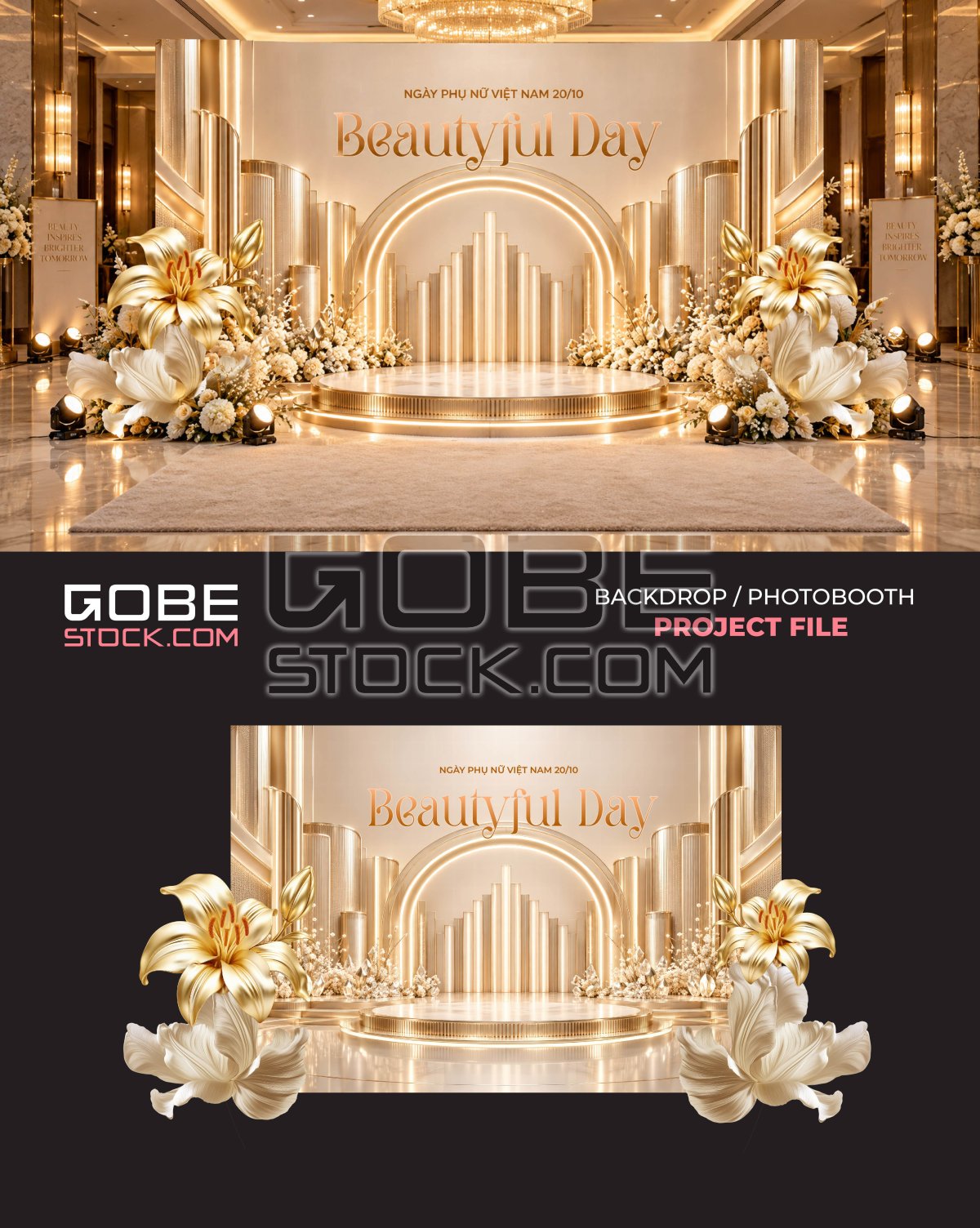 Luxury Gold Vietnamese Womens Day Floral Stage Photobooth Backdrop