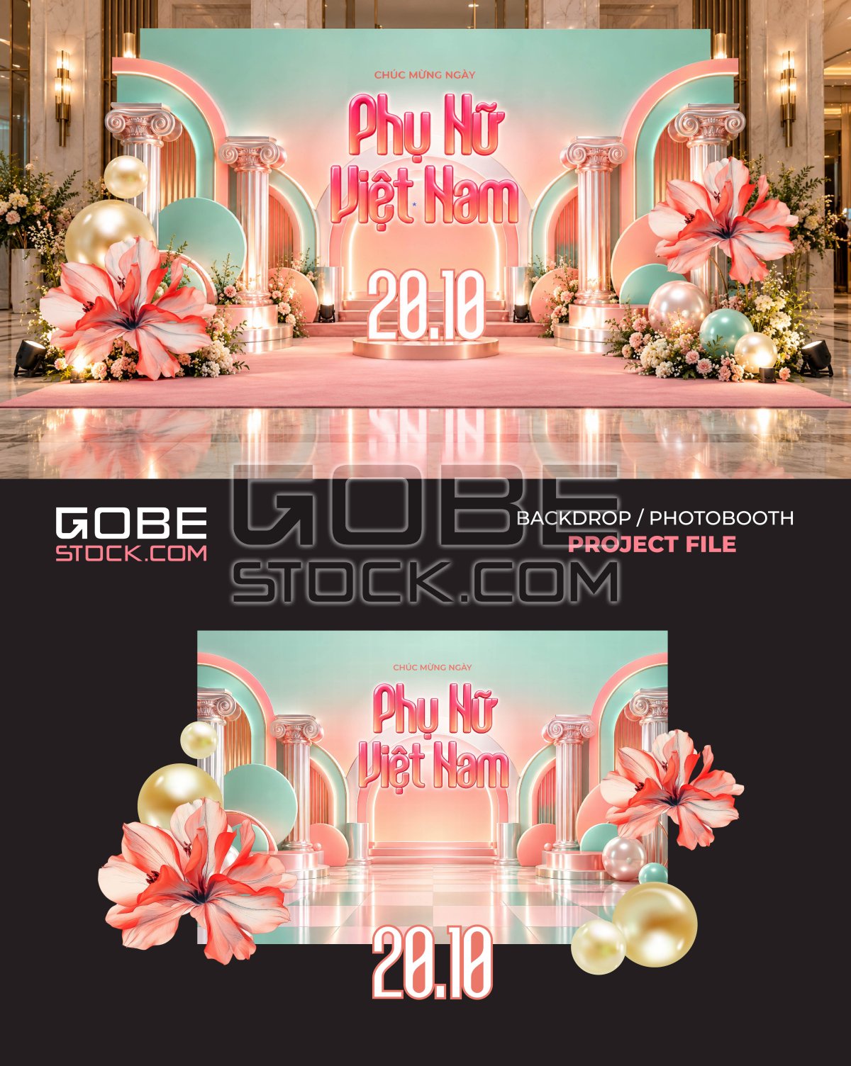 Mint Coral Vietnamese Womens Day Classical Columns Photobooth Backdrop