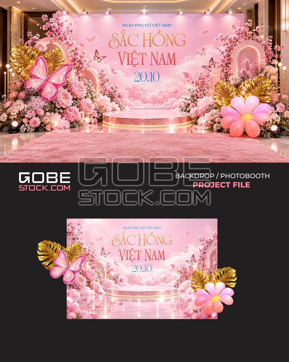 Pink Floral Vietnamese Womens Day Butterfly Photobooth Backdrop