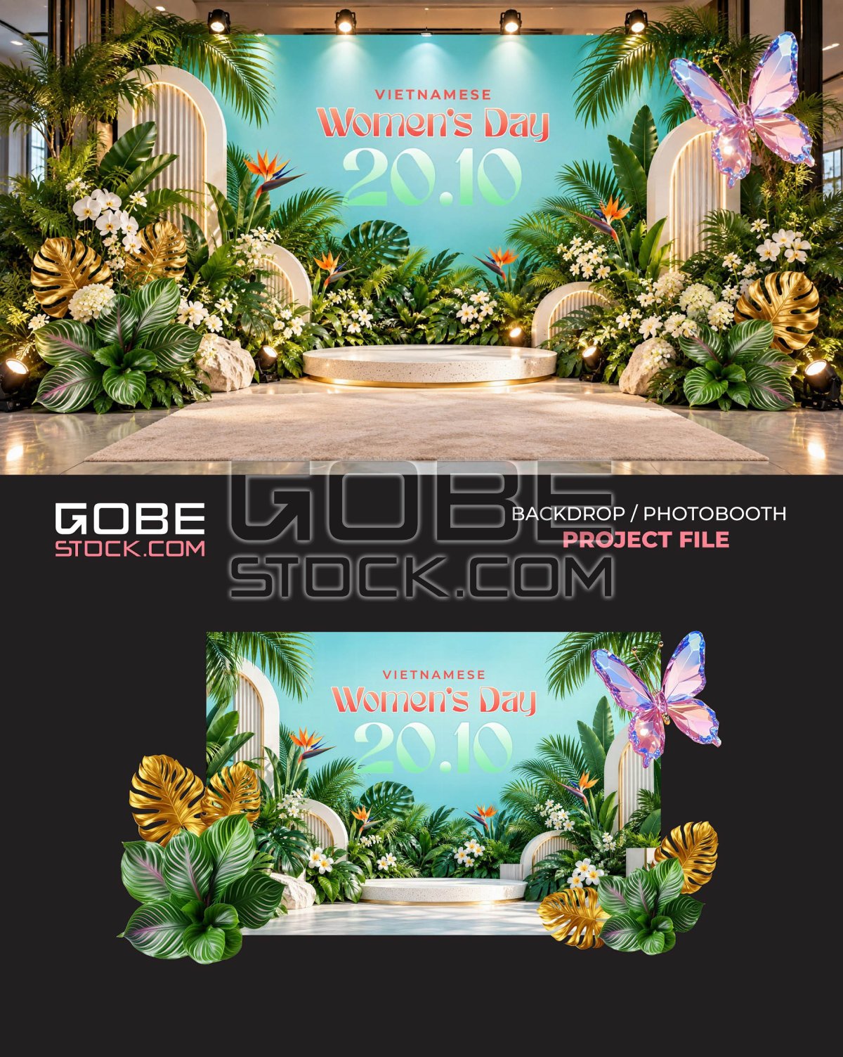 Tropical Vietnamese Womens Day Butterfly Photobooth Backdrop