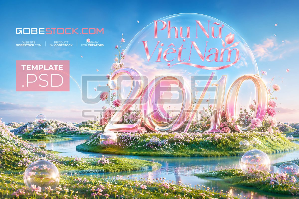 Vietnamese Womens Day banner with glass date in blooming lake landscape