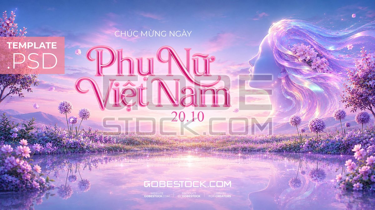 Vietnamese Womens Day banner with glowing woman above purple flower lake